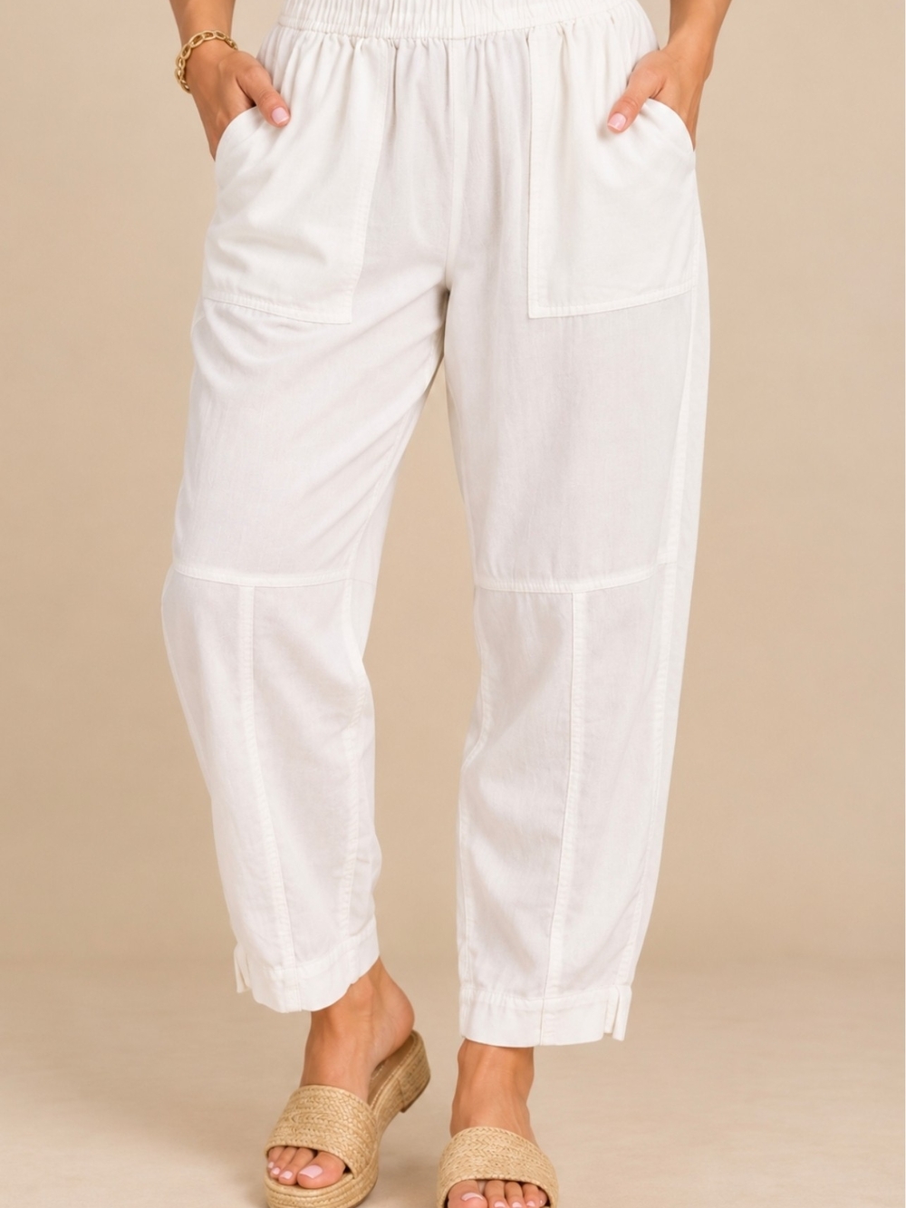 CI Sono M Women’s White Pull-On Pants M Elastic Waist Utility Pocket Cropped
